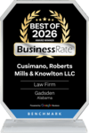 Award plaque for Cusimano, Roberts Mills & Knowlton LLC as a "Best of 2026 BusinessRate Award Winner" law firm in Gadsden, Alabama.